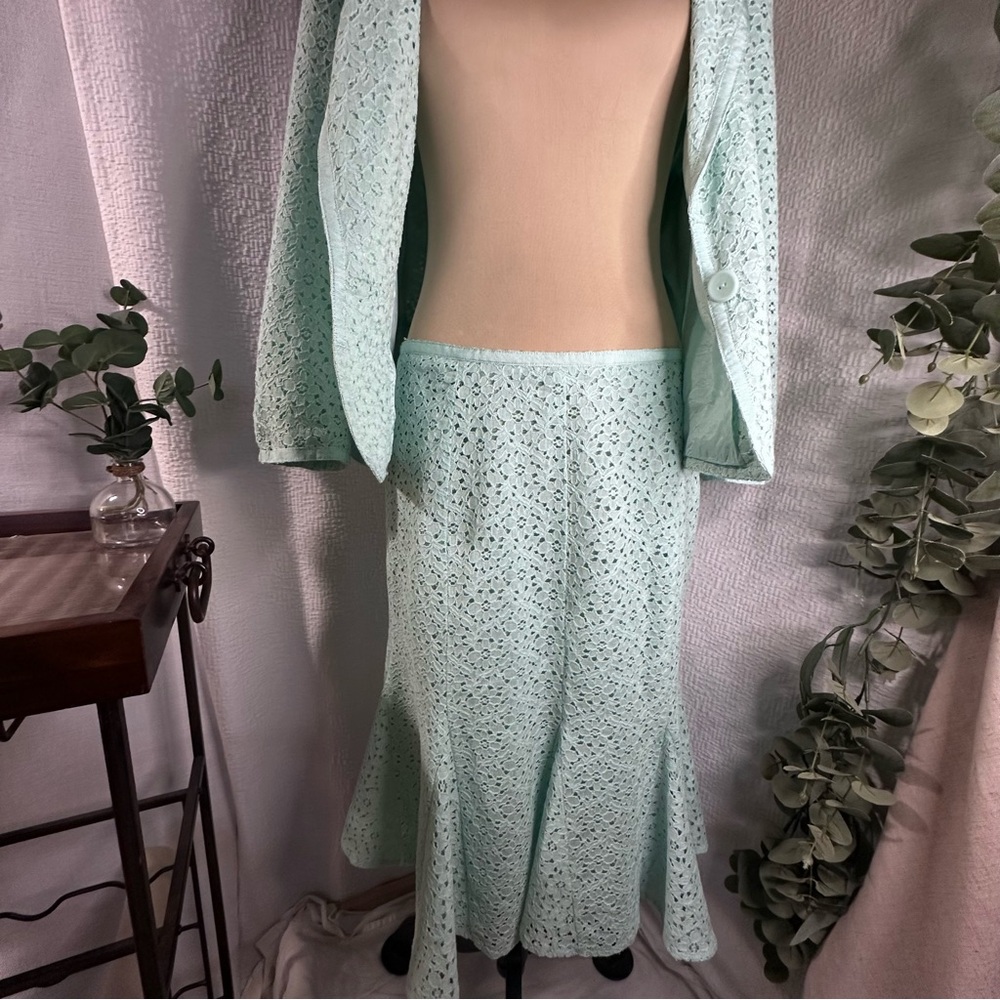 Jones Wear Women’s Lined Lace Mint Green Skirt Set Size 14 - Picture 6 of 16